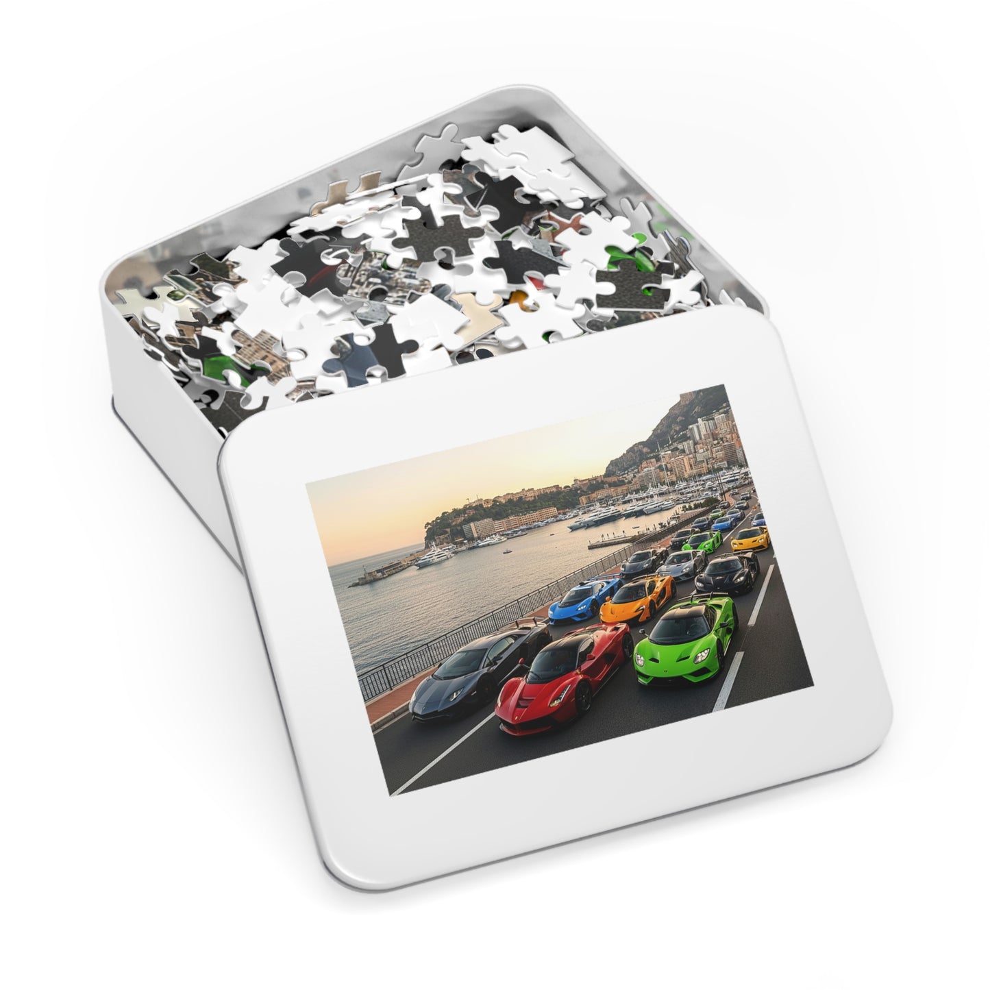 Luxury Sports Cars Jigsaw Puzzle (Tin Gift Box) — Colorful Supercar Parade in Monaco
